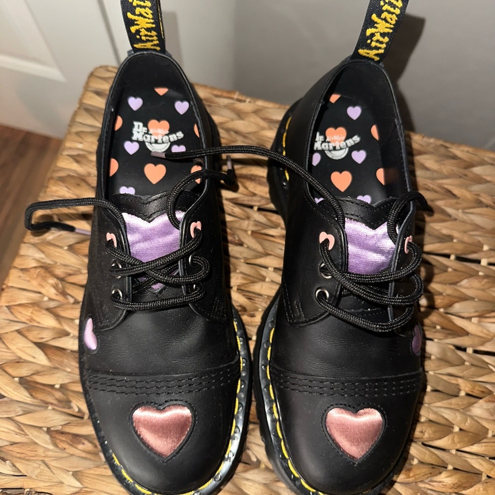 Dr. Martens Black and Purple Platform Shoes with Heart Accents